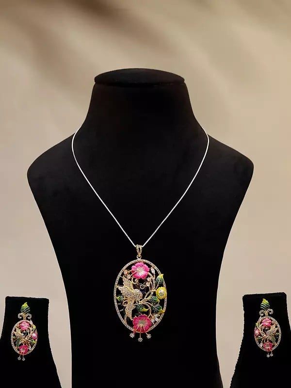 exotic india Oval Shaped Floral Design Pendant and Earrings Set 