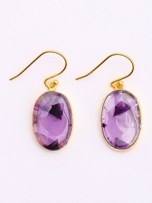 Exotic India Oval Shaped Star Amethyst Hook Earrings