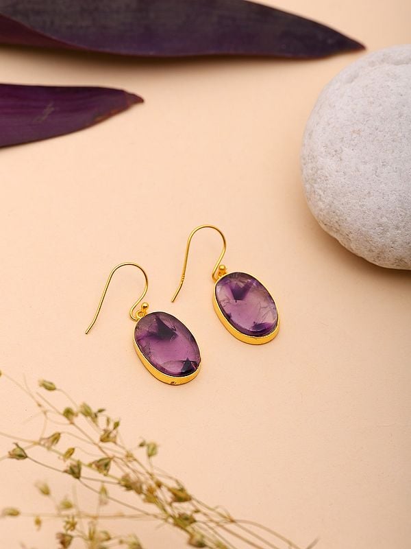 Exotic India Oval Shaped Star Amethyst Hook Earrings