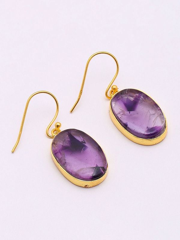 exotic india Oval Shaped Star Amethyst Hook Earrings 