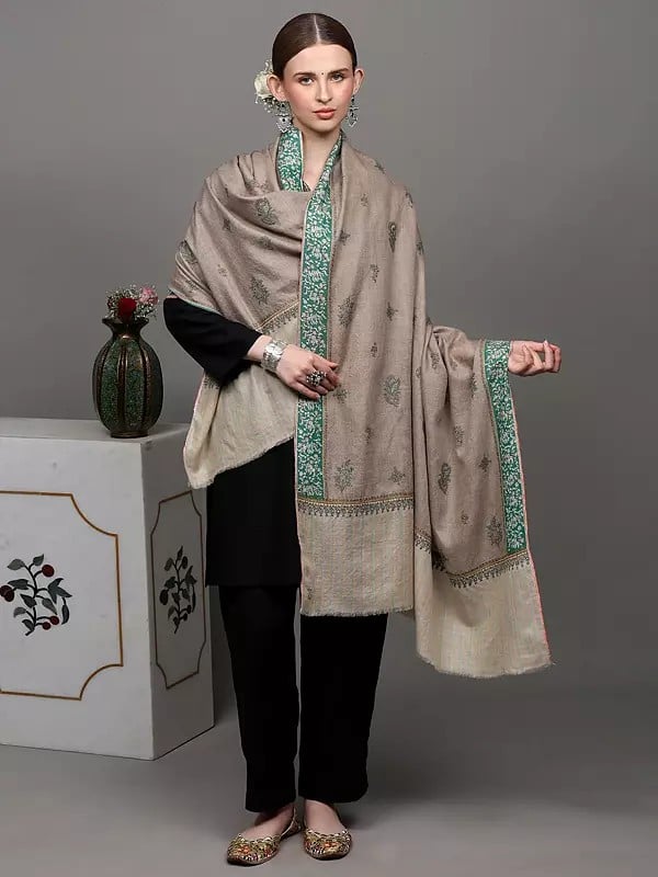 Exotic India Oxford-Tan Pure Pashmina Shawl With Dordar Bootidar Embroidery And Striped Border 