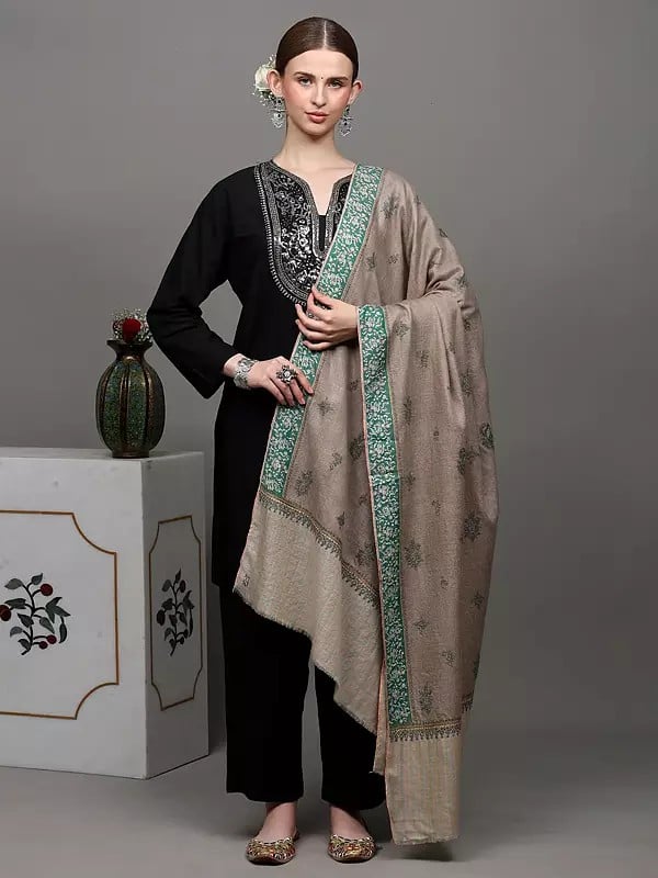 Exotic India Oxford-Tan Pure Pashmina Shawl With Dordar Bootidar Embroidery And Striped Border 