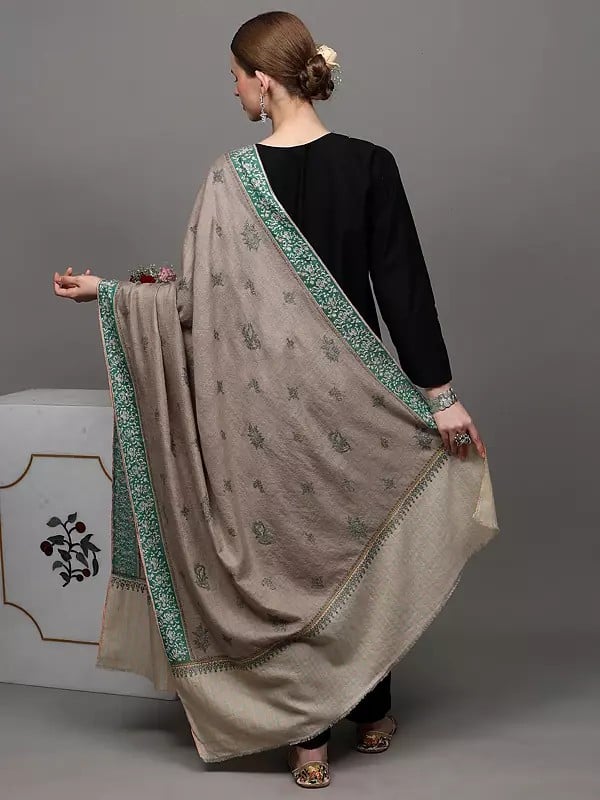 Exotic India Oxford-Tan Pure Pashmina Shawl With Dordar Bootidar Embroidery And Striped Border 