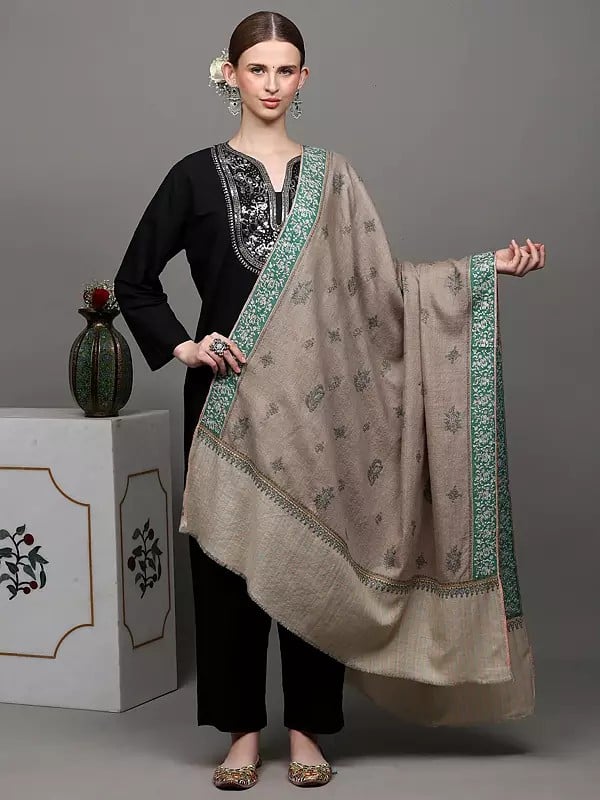 exotic india Oxford-Tan Pure Pashmina Shawl with Dordar Bootidar Embroidery and Striped Border 