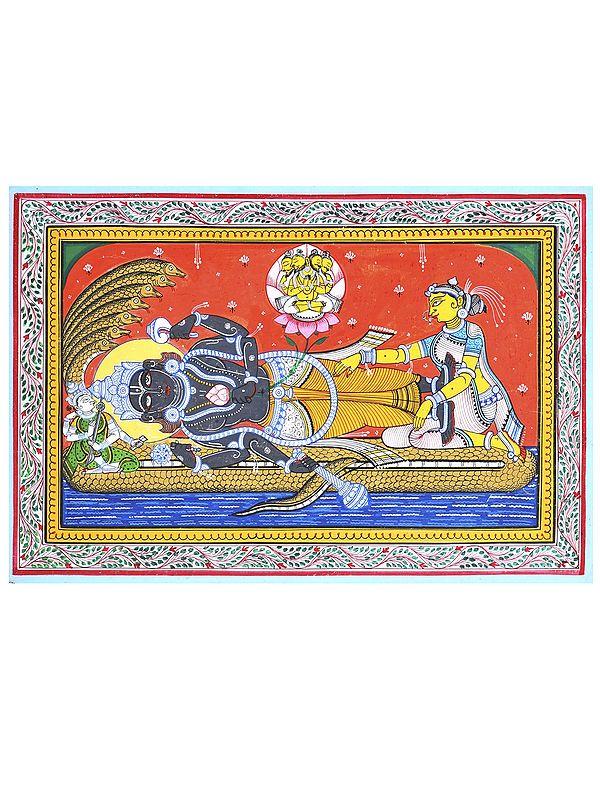 exotic india Padmanabha Swamy (Shesha-Shayi Lord Vishnu) | Pattachitra Painting 