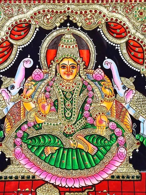 Exotic India Padmasana Gajalakshmi Tanjore Painting | Traditional Colors With 24K Gold 