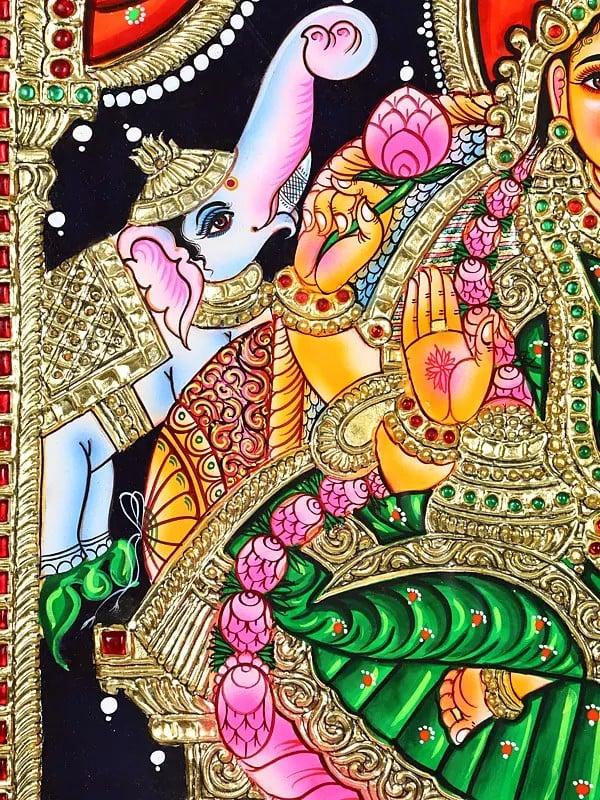Exotic India Padmasana Gajalakshmi Tanjore Painting | Traditional Colors With 24K Gold 