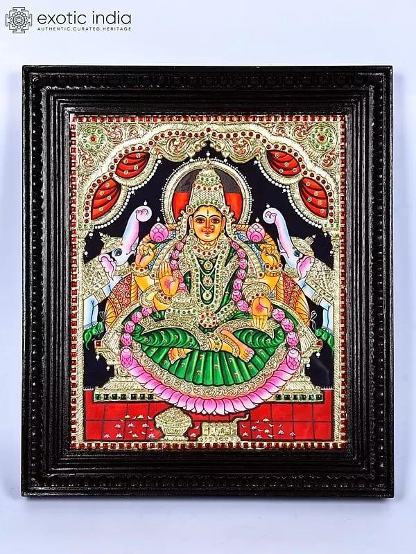 exotic india Padmasana Gajalakshmi Tanjore Painting | Traditional Colors With 24K Gold 