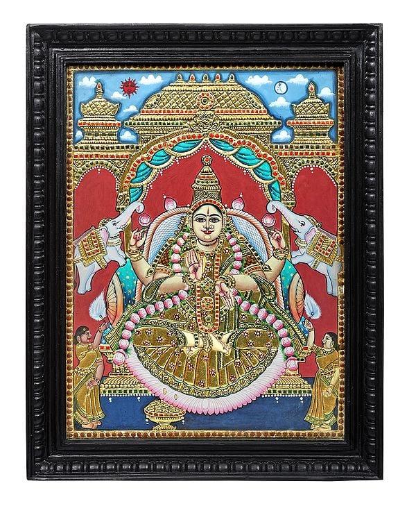 exotic india Padmasana Gajalakshmi Tanjore Painting | Traditional Colors With 24K Gold | Teakwood Frame | Gold & Wood | Handmade | Made In India 