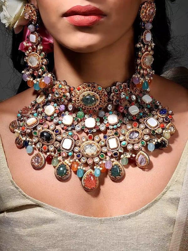 Exotic India Padmavati Multi Stone Studded Choker Necklace Set With Earrings 