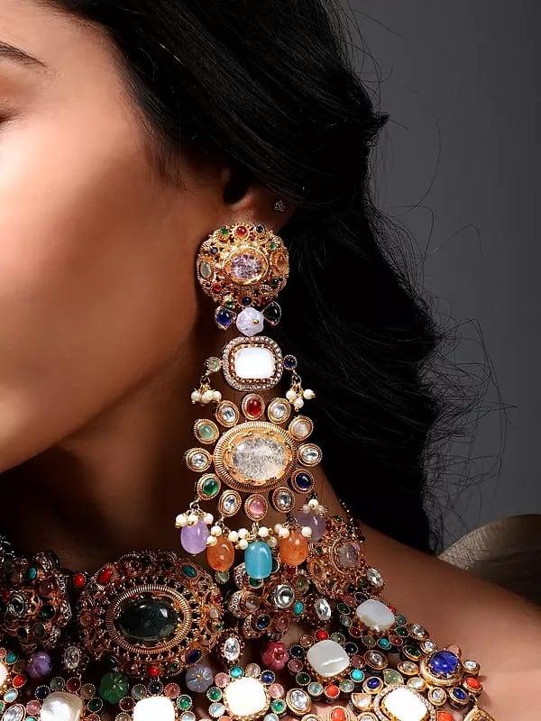 Exotic India Padmavati Multi Stone Studded Choker Necklace Set With Earrings 