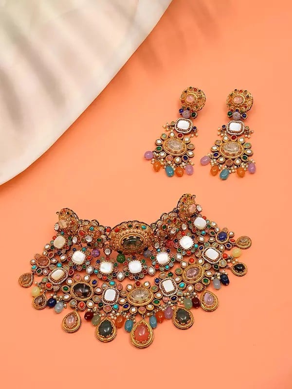 Exotic India Padmavati Multi Stone Studded Choker Necklace Set With Earrings 
