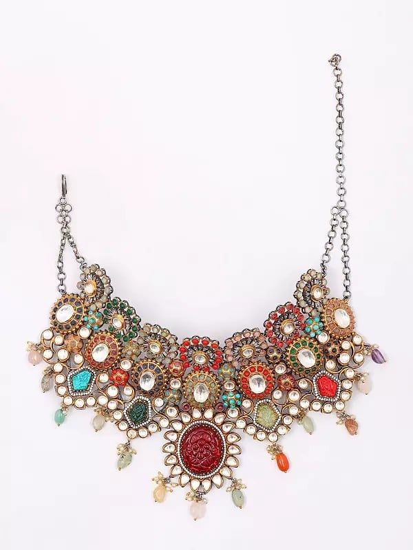 Exotic India Padmavati Multi Stone Studded Choker Necklace Set | With Earrings 