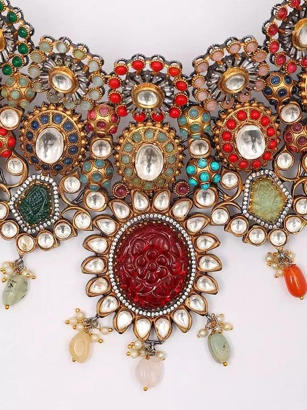 Exotic India Padmavati Multi Stone Studded Choker Necklace Set | With Earrings 