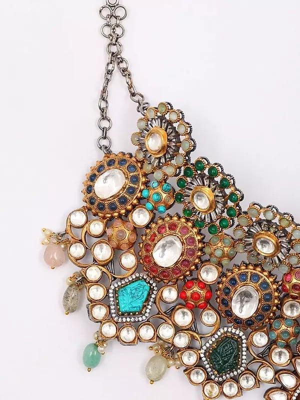 Exotic India Padmavati Multi Stone Studded Choker Necklace Set | With Earrings 