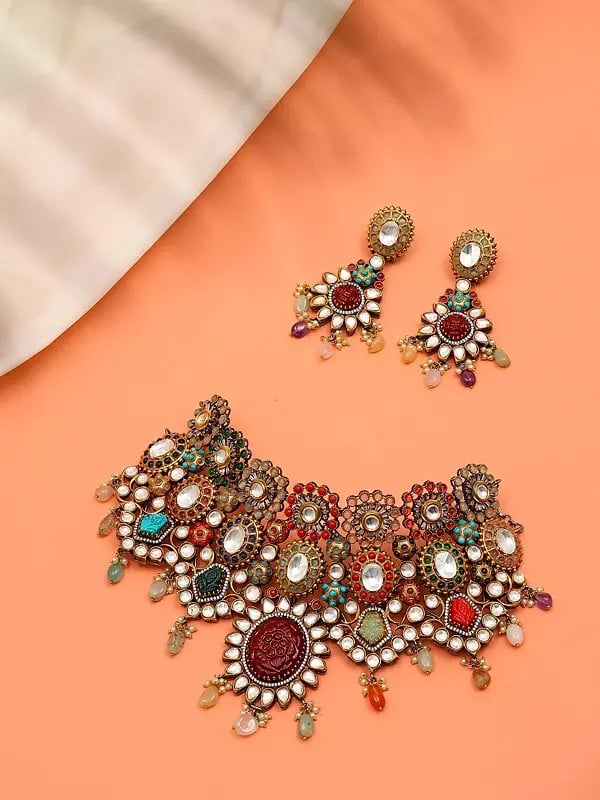 exotic india Padmavati Multi Stone Studded Choker Necklace Set | with Earrings 