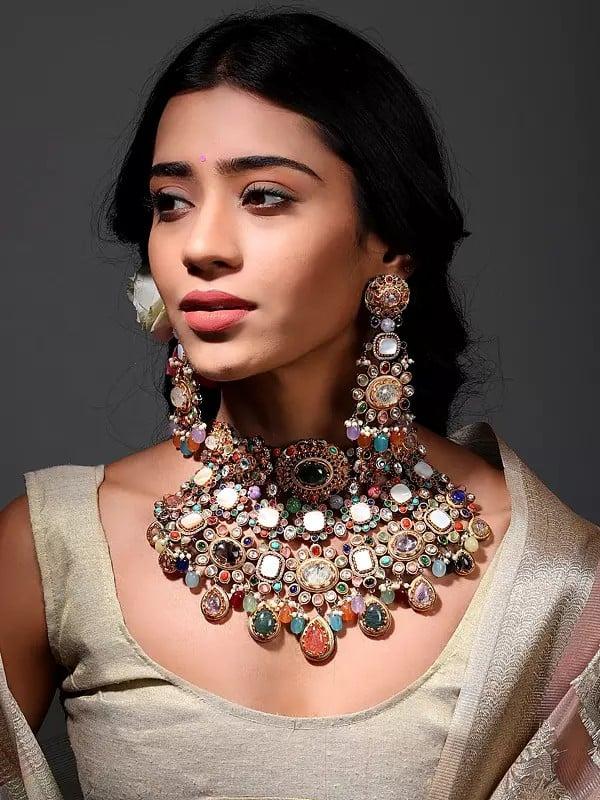 exotic india Padmavati Multi Stone Studded Choker Necklace Set with Earrings 