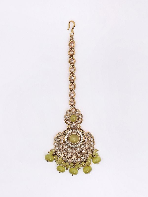 Exotic India Padmavati Stone Studded And Beaded Choker Necklace Set With Earrings And Mangtika 