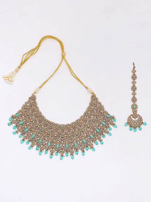 Exotic India Padmavati Stone Studded Choker Necklace Set With Earrings And Mangtika 