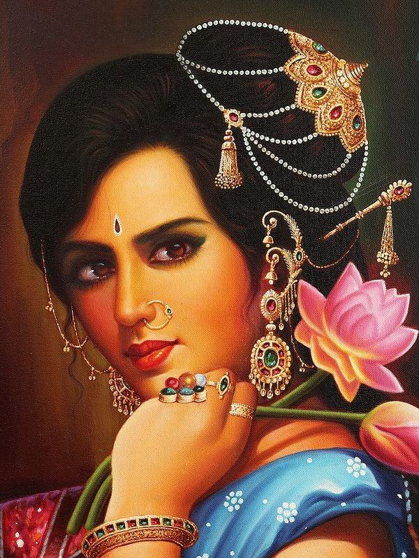 Exotic India "Padmini" The Lotus Lady Oil Painting On Canvas | Without Frame 