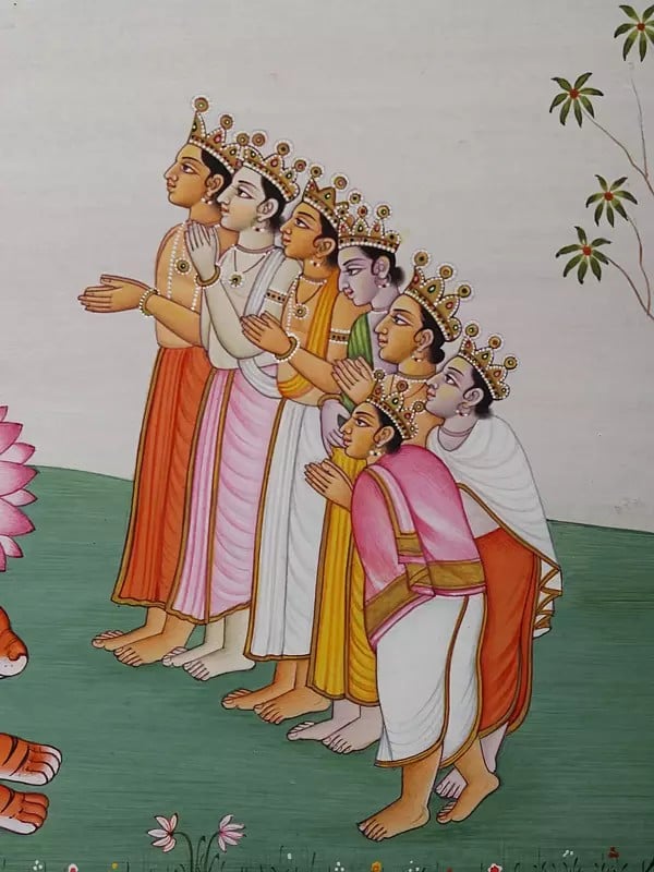 Exotic India Painting Of Gods Visiting Devi Parvati In Kangra-style | Watercolor On Paper 