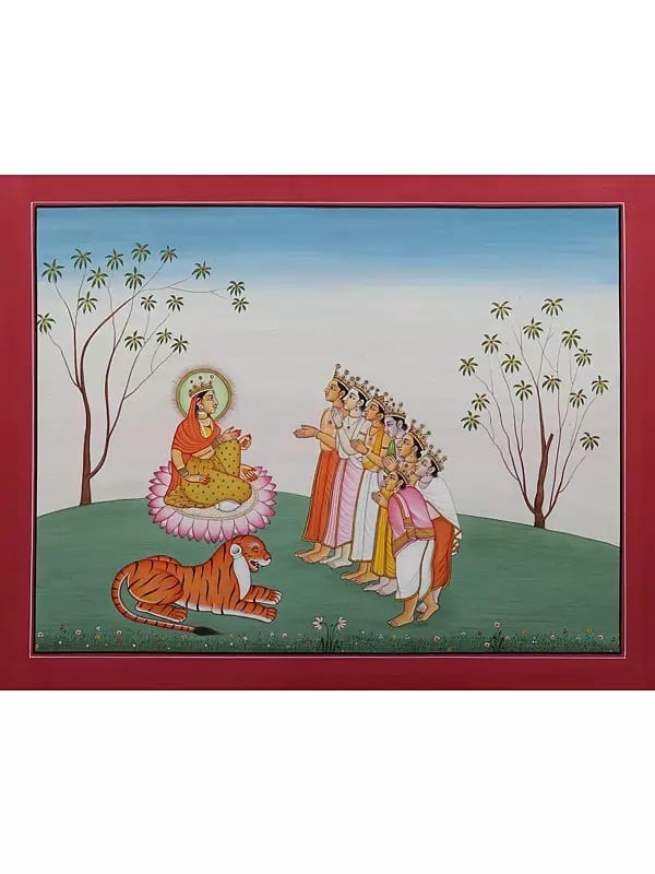 exotic india Painting of Gods Visiting Devi Parvati in Kangra-style | Watercolor on Paper 