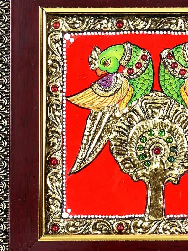 Exotic India Pair Of Parrots | 24 Karat Gold Work | Framed Tanjore Painting 