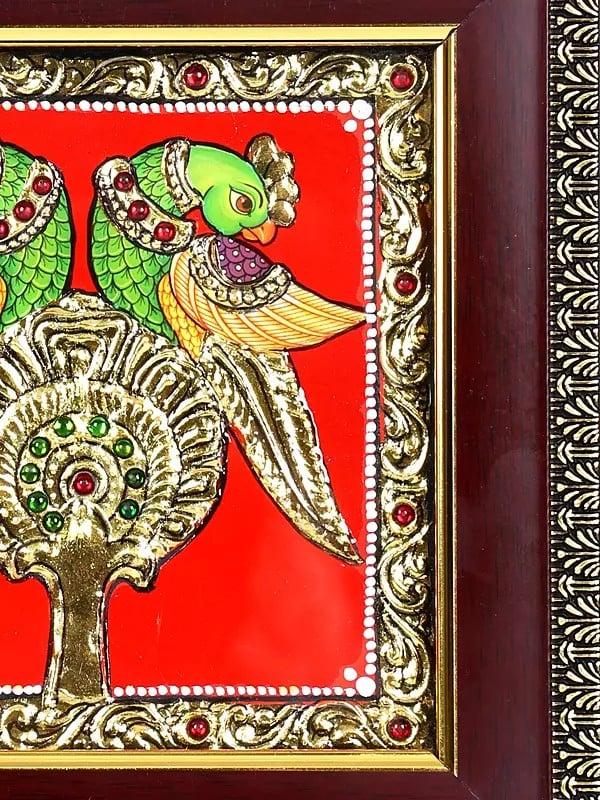 Exotic India Pair Of Parrots | 24 Karat Gold Work | Framed Tanjore Painting 