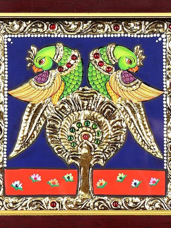 Exotic India Pair Of Parrots | 24 Karat Gold Work | Framed Tanjore Painting