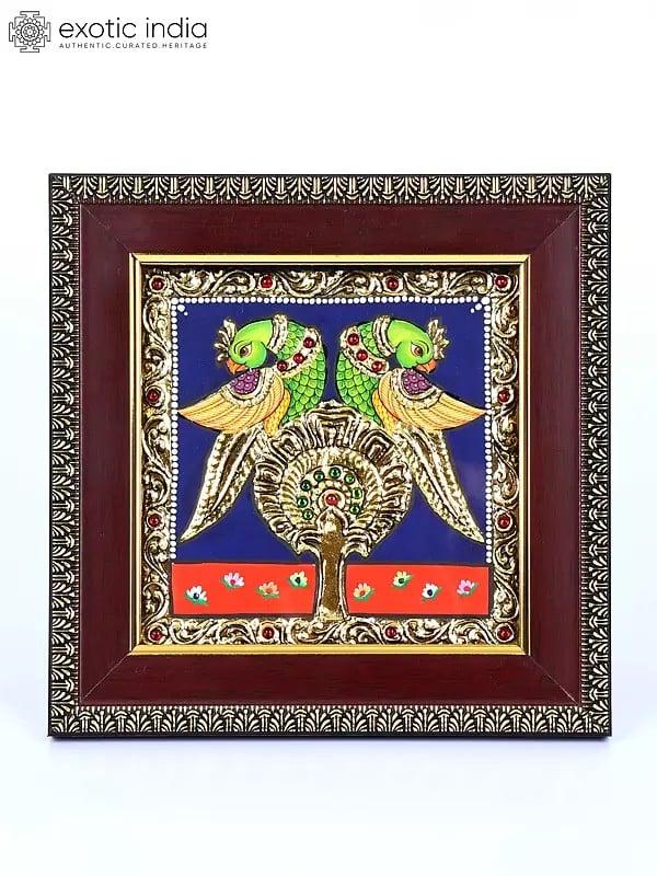 exotic india Pair of Parrots | 24 Karat Gold Work | Framed Tanjore Painting