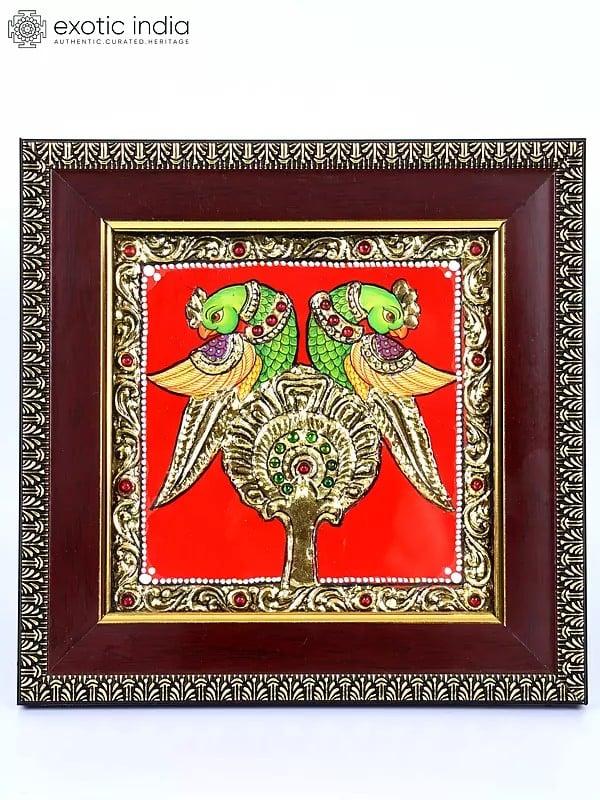 exotic india Pair of Parrots | 24 Karat Gold Work | Framed Tanjore Painting