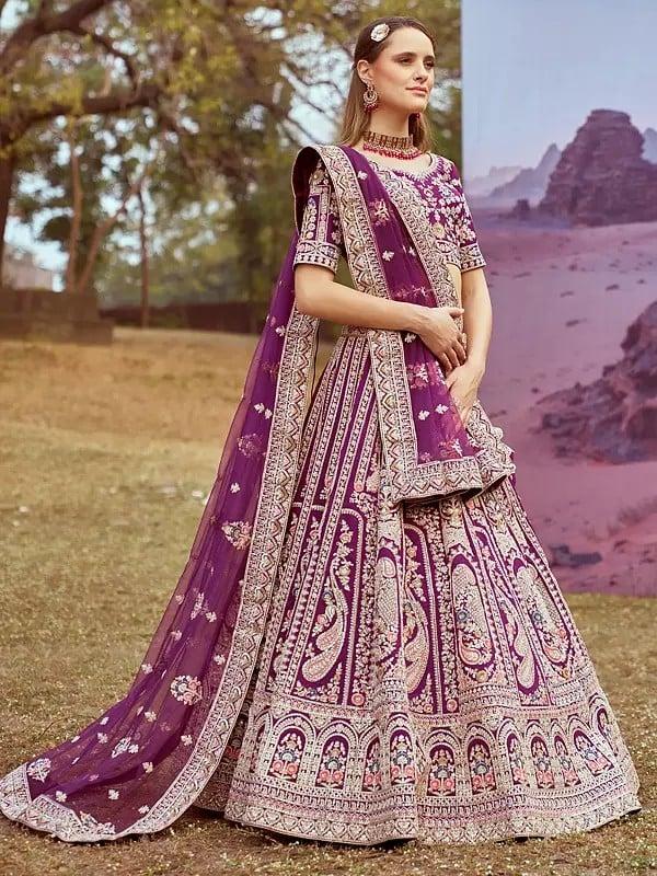 Exotic India Palatinate-Purple Silk Moti Coding And Embroidery Work Lehenga Choli With Net Matching Dupatta