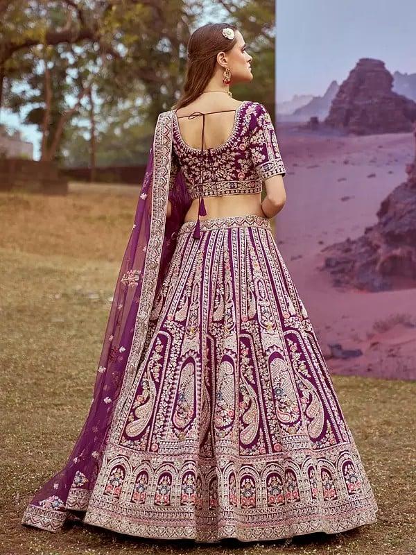 Exotic India Palatinate-Purple Silk Moti Coding And Embroidery Work Lehenga Choli With Net Matching Dupatta