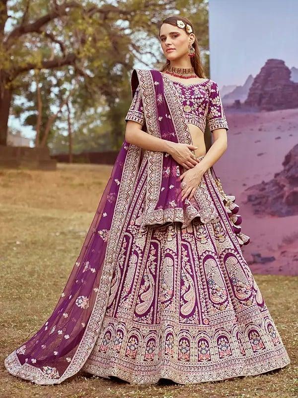 exotic india Palatinate-Purple Silk Moti Coding And Embroidery Work Lehenga Choli With Net Matching Dupatta 