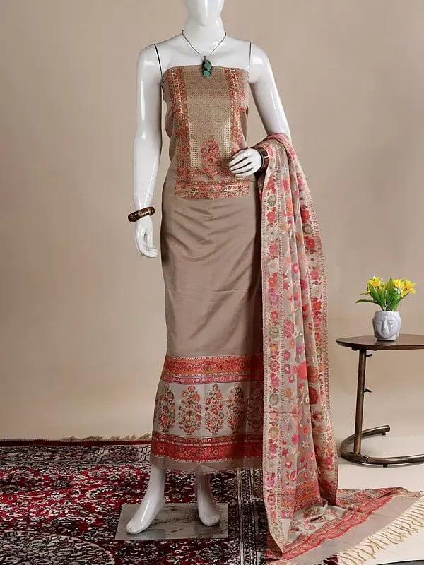 Exotic India Pale-Khaki Silk-Wool Salwar Kameez Fabric With Dupatta And Zari Woven Flowers 