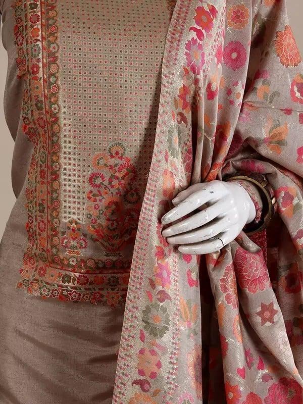Exotic India Pale-Khaki Silk-Wool Salwar Kameez Fabric With Dupatta And Zari Woven Flowers 