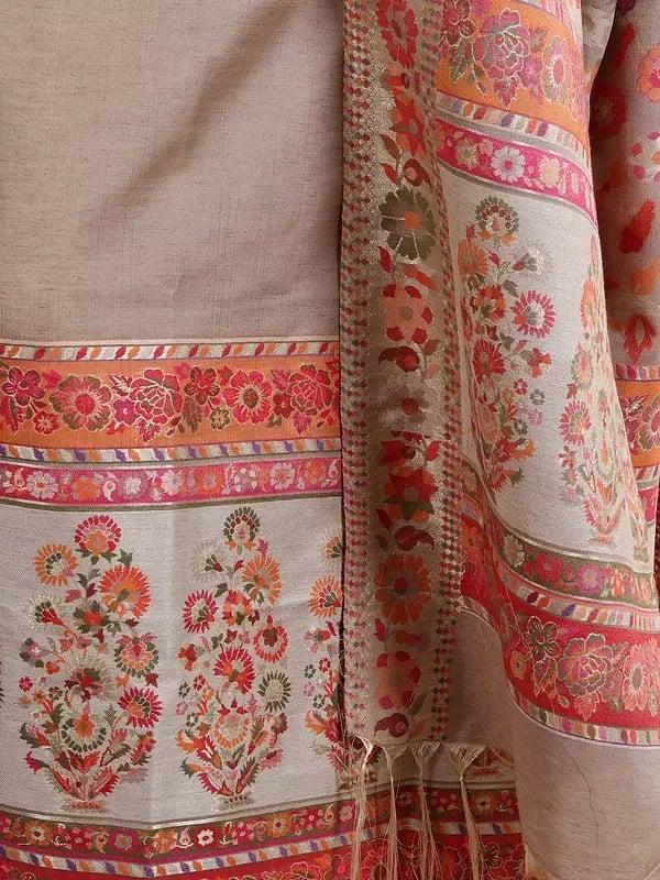 Exotic India Pale-Khaki Silk-Wool Salwar Kameez Fabric With Dupatta And Zari Woven Flowers 