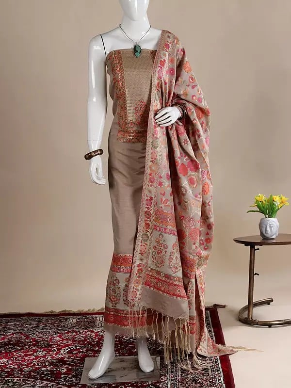 exotic india Pale-Khaki Silk-Wool Salwar Kameez Fabric with Dupatta and Zari Woven Flowers 