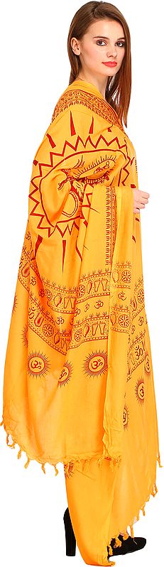 Exotic India Pale-Marigold Prayer Shawl Printed Goddess Durga Figure 