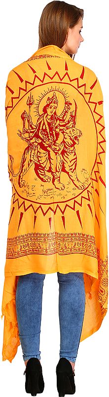 Exotic India Pale-Marigold Prayer Shawl Printed Goddess Durga Figure 
