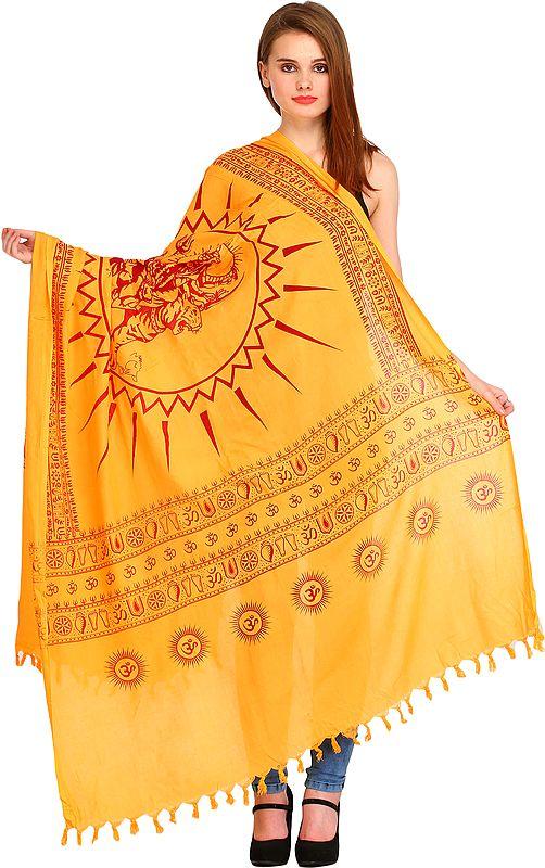 exotic india Pale-Marigold Prayer Shawl Printed Goddess Durga Figure 