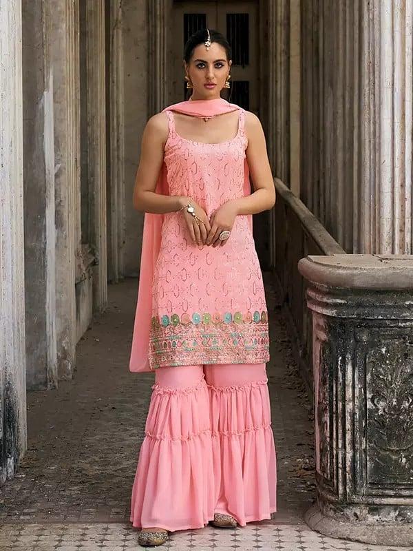 Exotic India Pale-Rose Georgette Designer Embroidery Work Short Kurti With Sharara And Dupatta