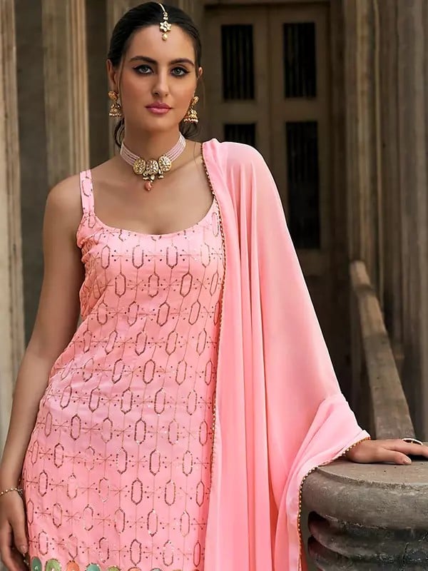 Exotic India Pale-Rose Georgette Designer Embroidery Work Short Kurti With Sharara And Dupatta