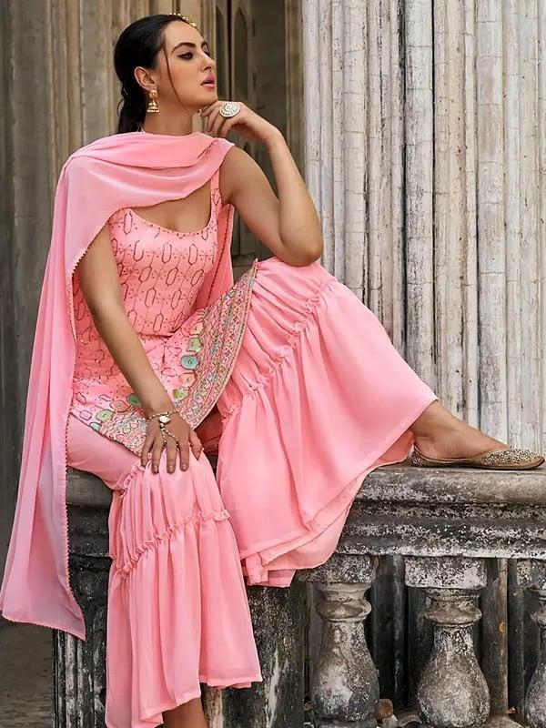 Exotic India Pale-Rose Georgette Designer Embroidery Work Short Kurti With Sharara And Dupatta