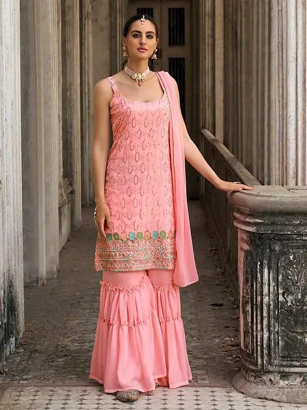 exotic india Pale-Rose Georgette Designer Embroidery Work Short Kurti With Sharara And Dupatta 