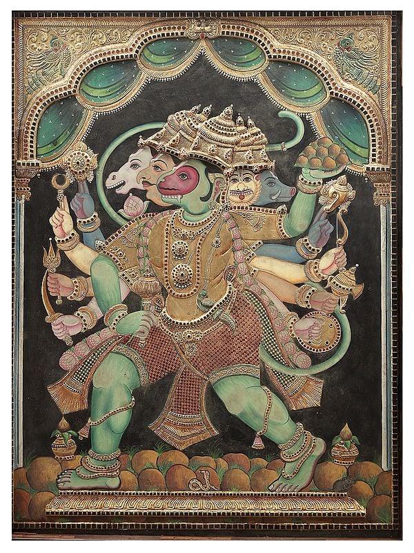 Exotic India Panchamukhi Hanuman Tanjore Painting | Traditional Colors With 24K Gold | Teakwood Frame | Gold & Wood | Handmade | Made In India 