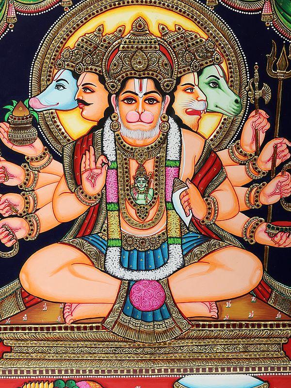 Exotic India Panchamukhi Hanuman - Tanjore Painting | Traditional Colors With Gold Work | With Frame 