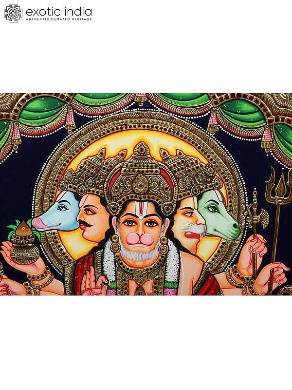 Exotic India Panchamukhi Hanuman - Tanjore Painting | Traditional Colors With Gold Work | With Frame 