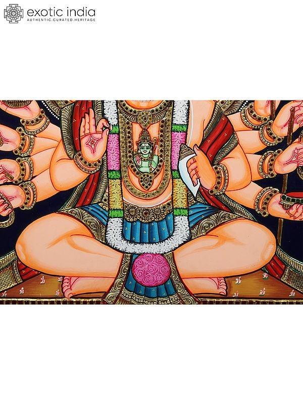 Exotic India Panchamukhi Hanuman - Tanjore Painting | Traditional Colors With Gold Work | With Frame 