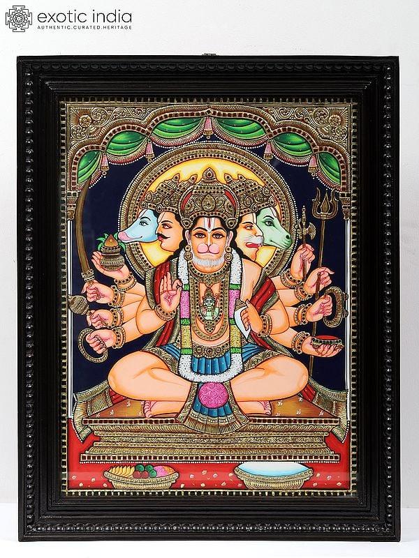 exotic india Panchamukhi Hanuman - Tanjore Painting | Traditional Colors With Gold Work | With Frame
